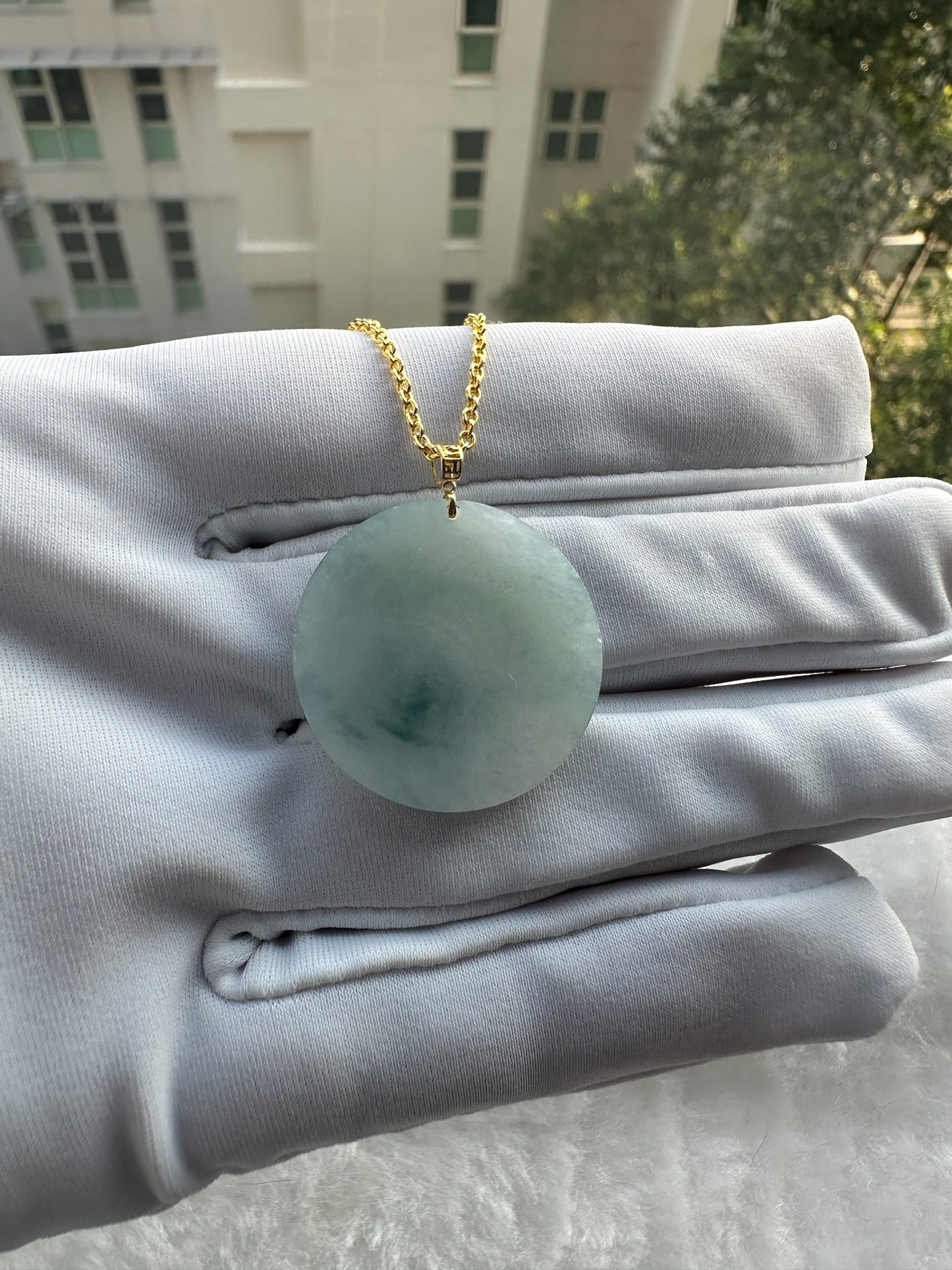 Blue Jadeite Round Pendant - 18K Gold Hook