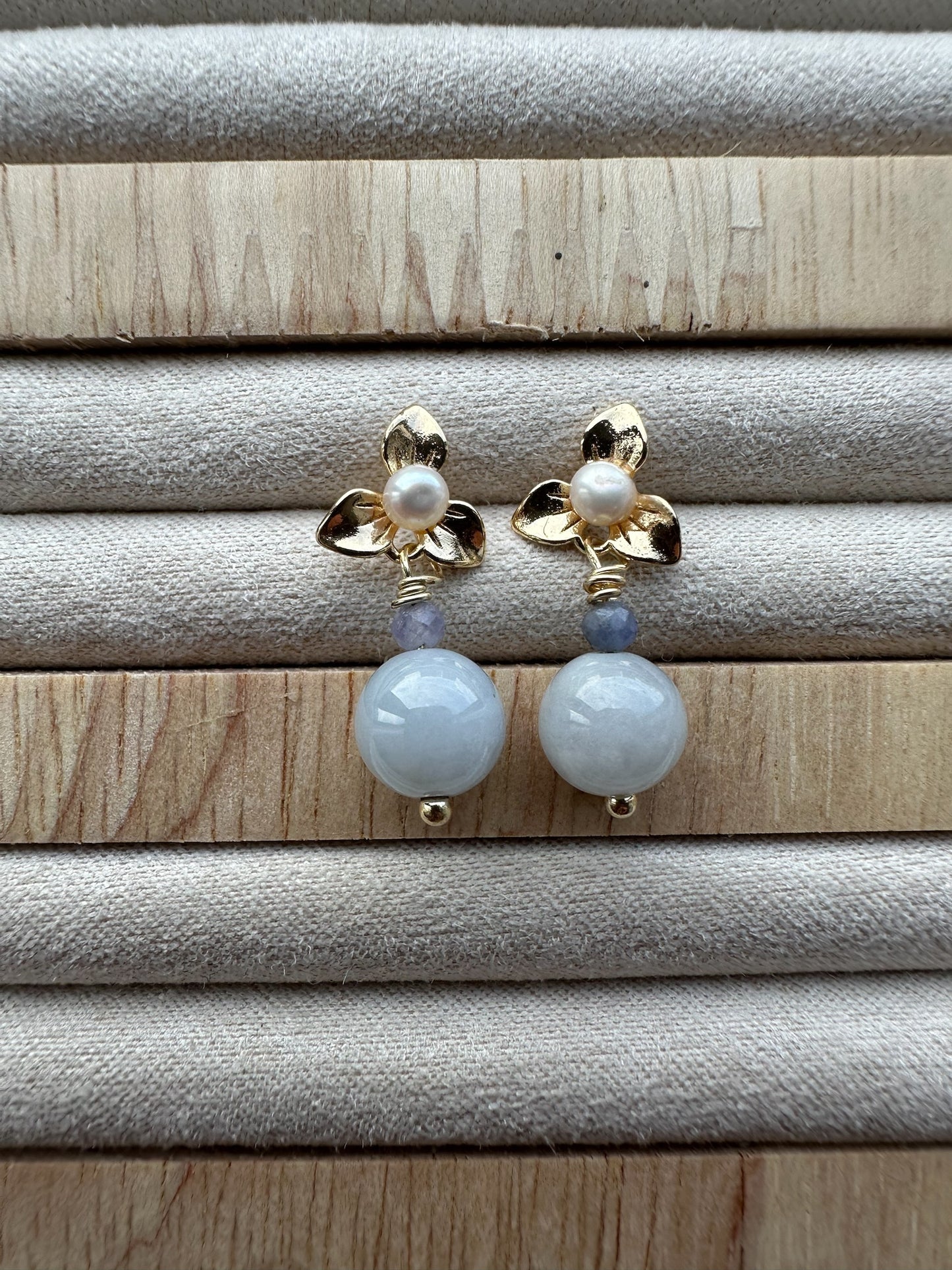 Floral Jadeite Ball Earring Studs