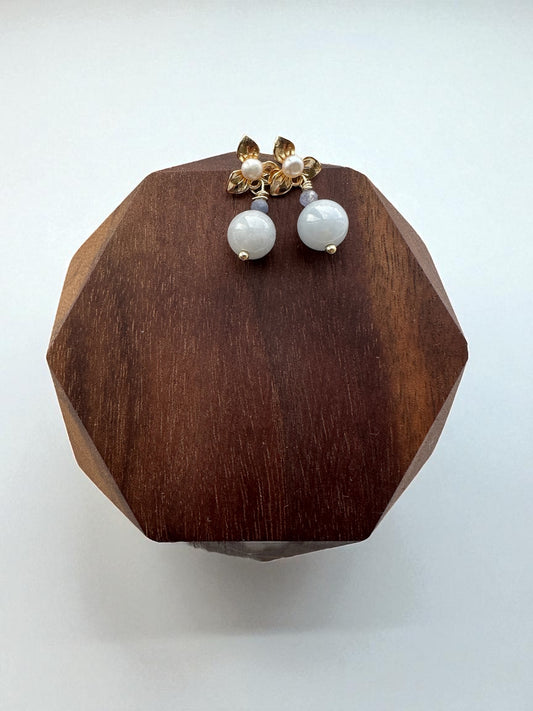 Floral Jadeite Ball Earring Studs