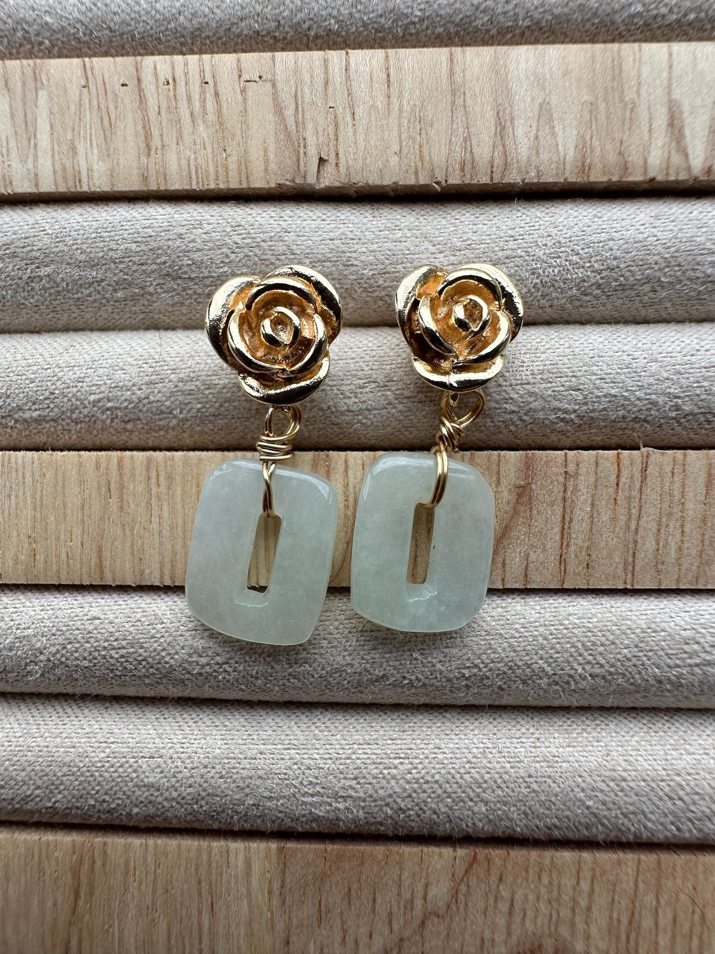 Rectangle Jadeite Rose Earring Studs