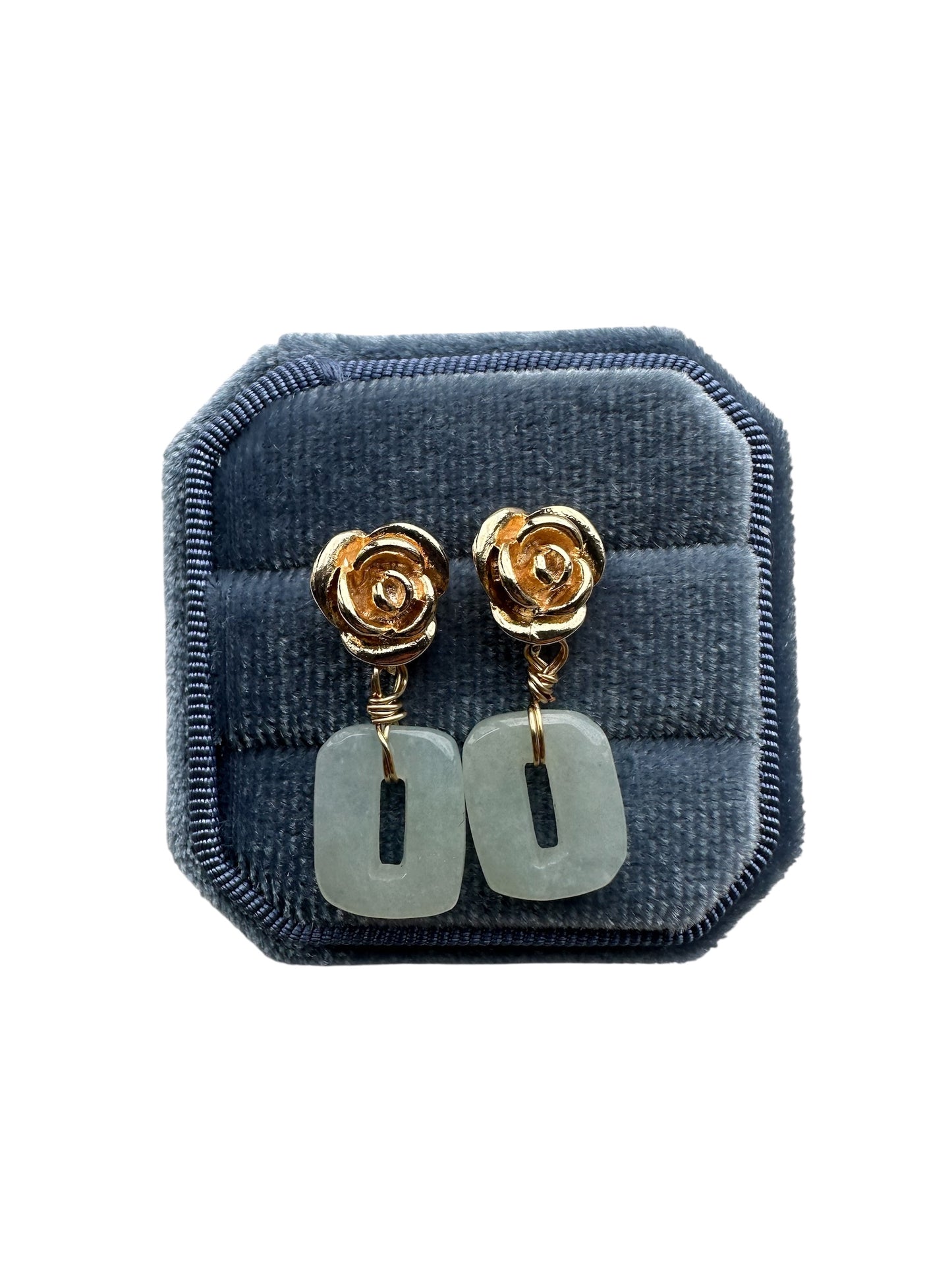 Rectangle Jadeite Rose Earring Studs