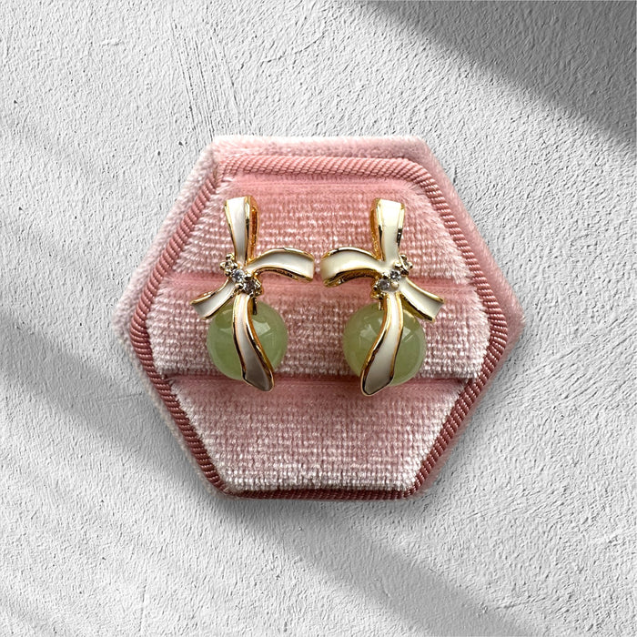 White Ribbon Jadeite Earring Studs