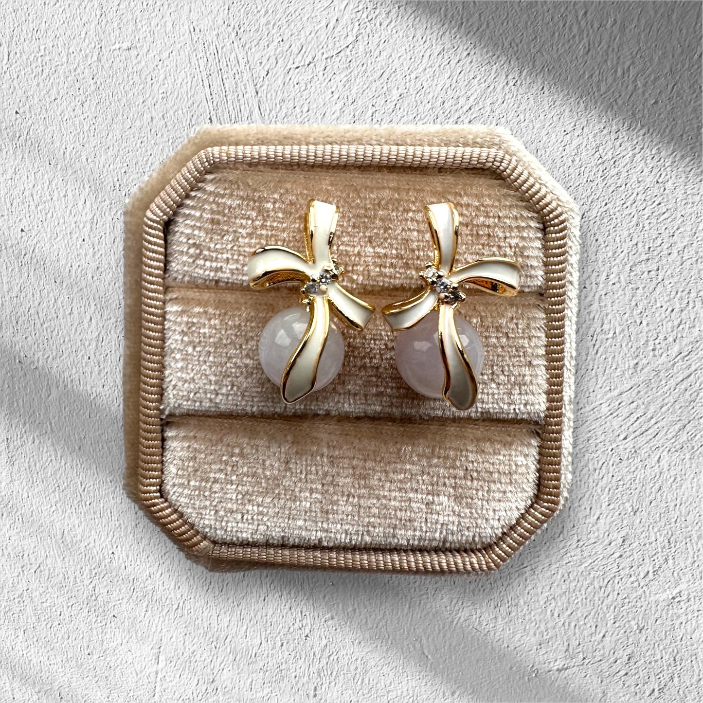 White Ribbon Jadeite Earring Studs