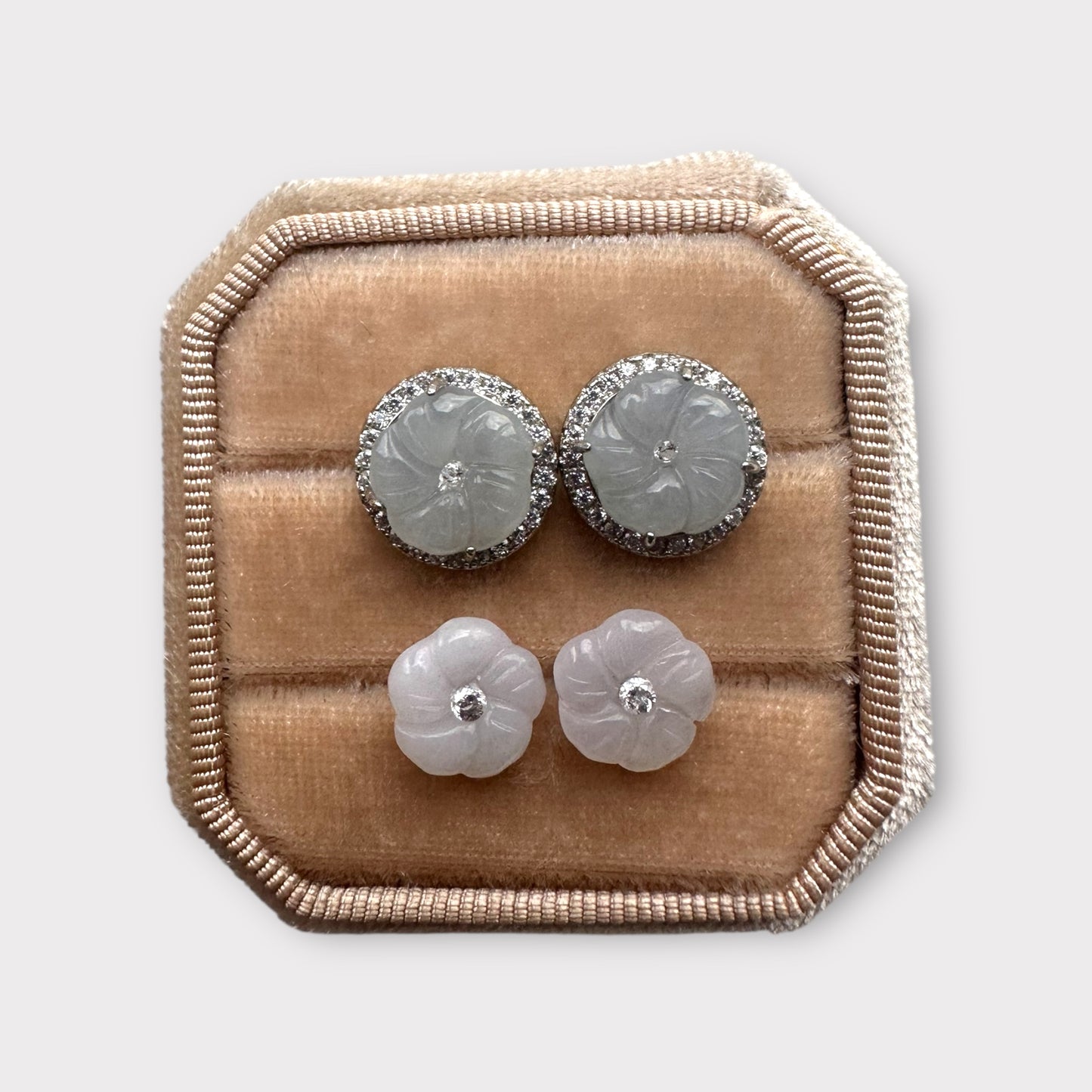 White Plum Blossom Flower Jadeite Earring Studs