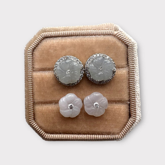 White Plum Blossom Flower Jadeite Earring Studs