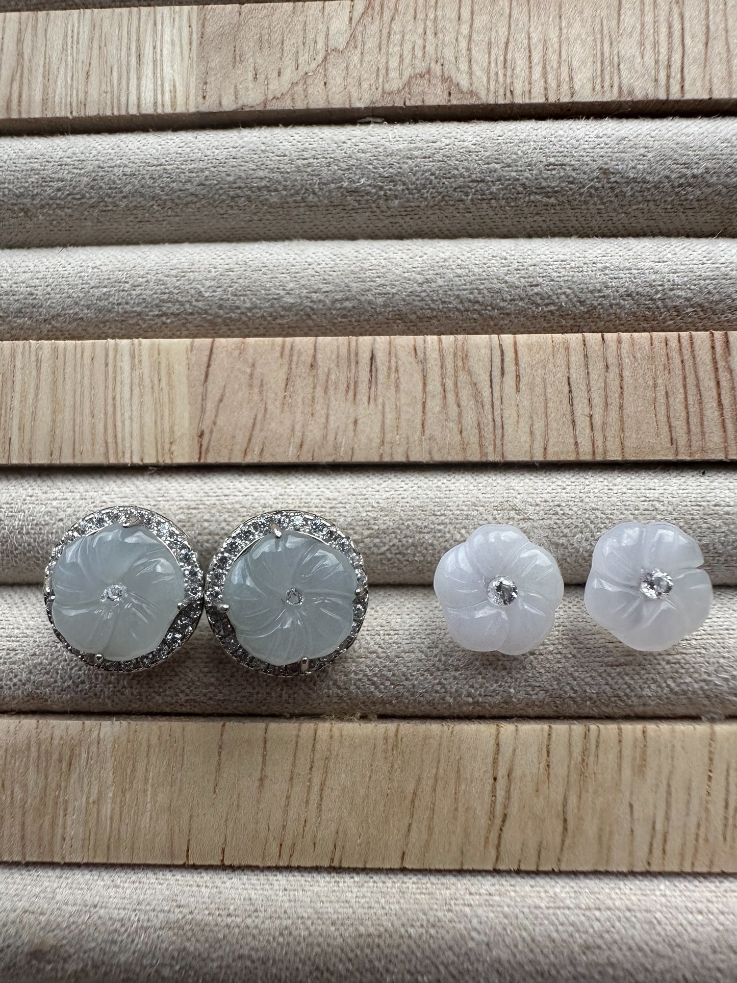 White Plum Blossom Flower Jadeite Earring Studs