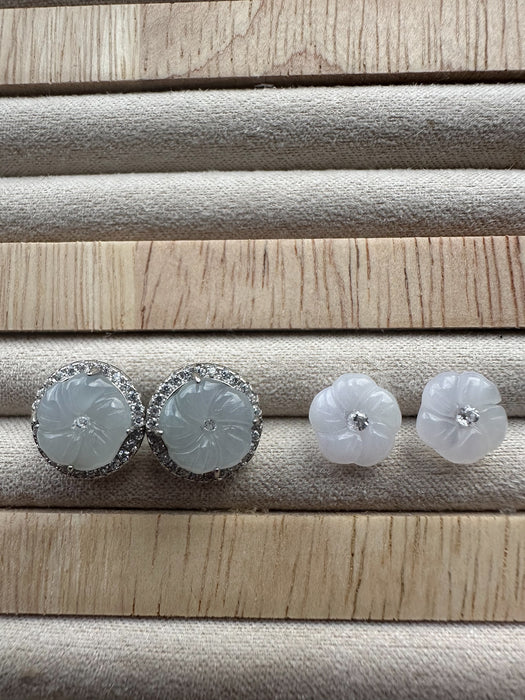 White Plum Blossom Flower Jadeite Earring Studs