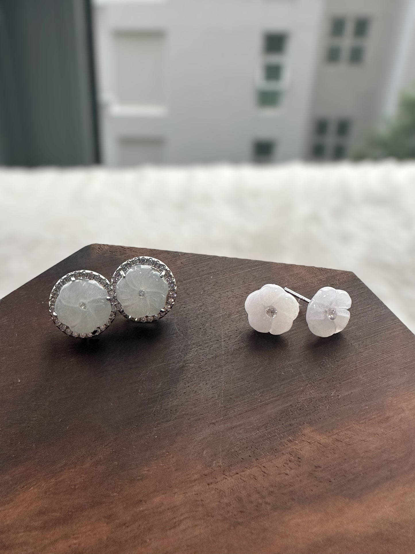 White Plum Blossom Flower Jadeite Earring Studs