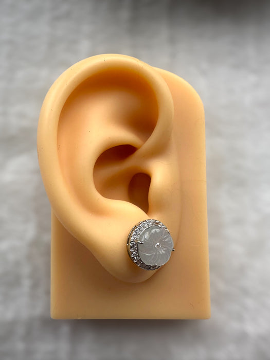 White Plum Blossom Flower Jadeite Earring Studs