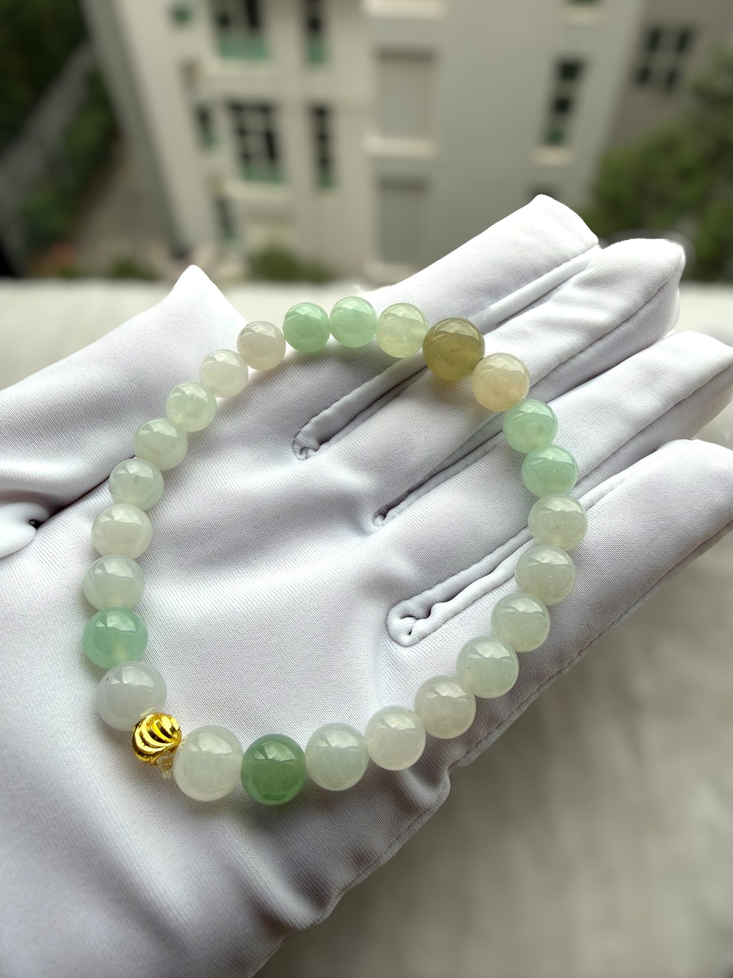 White Green Jadeite Bead Bracelet