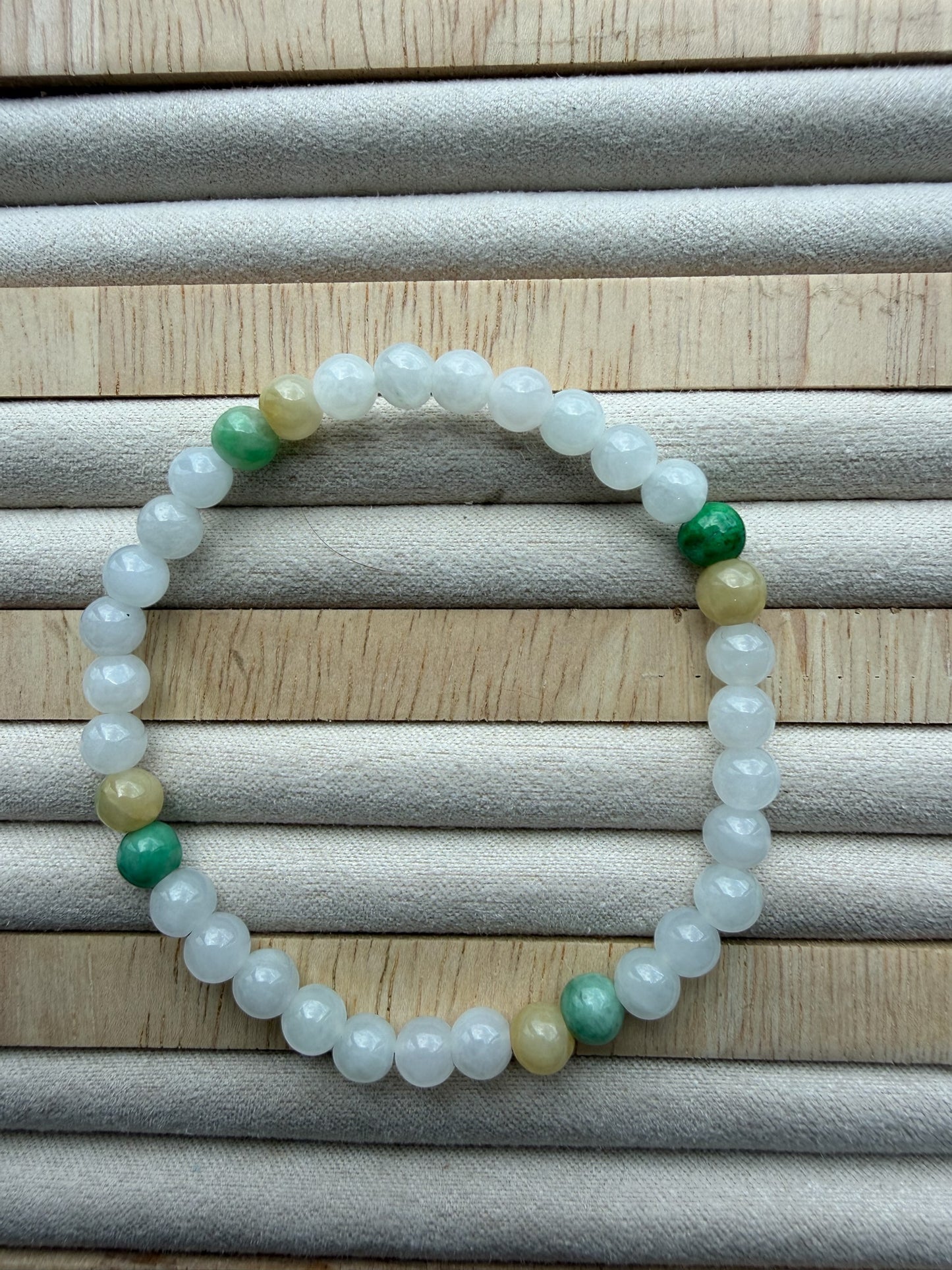 White Green Yellow Jadeite Bead Bracelet