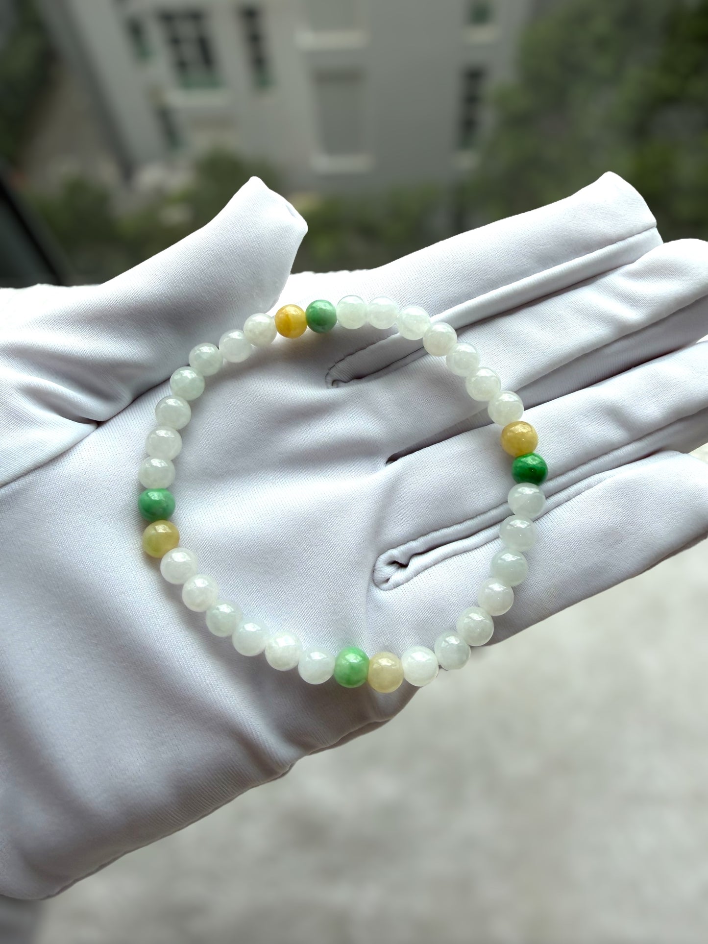 White Green Yellow Jadeite Bead Bracelet