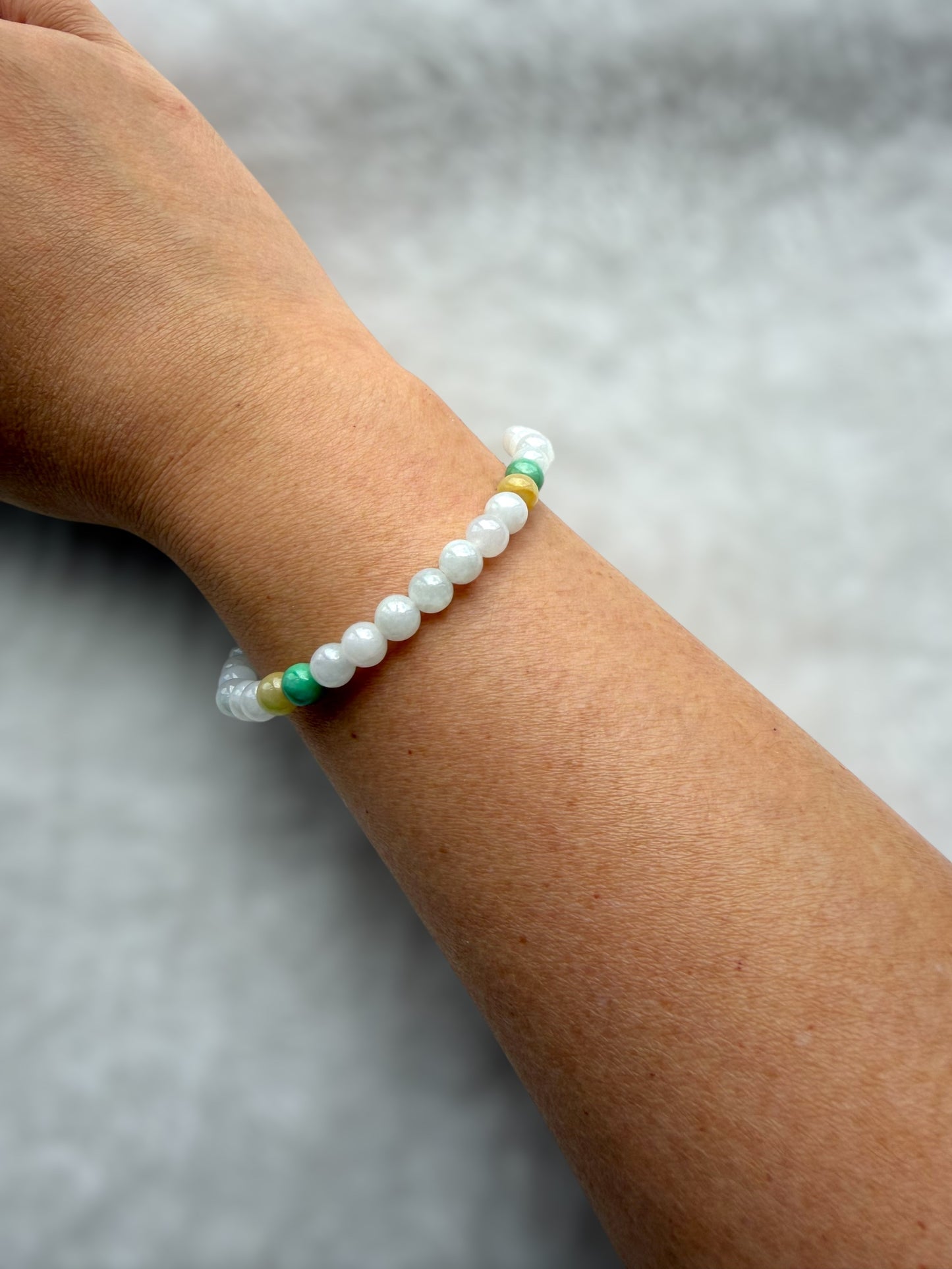 White Green Yellow Jadeite Bead Bracelet