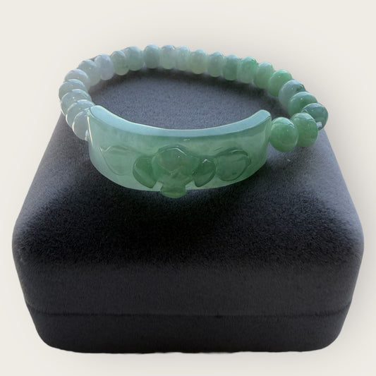 Green White Lotus Jadeite Shoupai Bead Bracelet