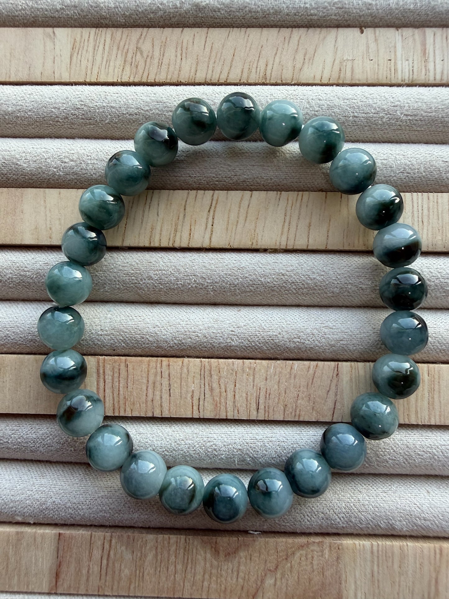 Dark Denim Blue Floating Flowers Jadeite Bead Bracelet