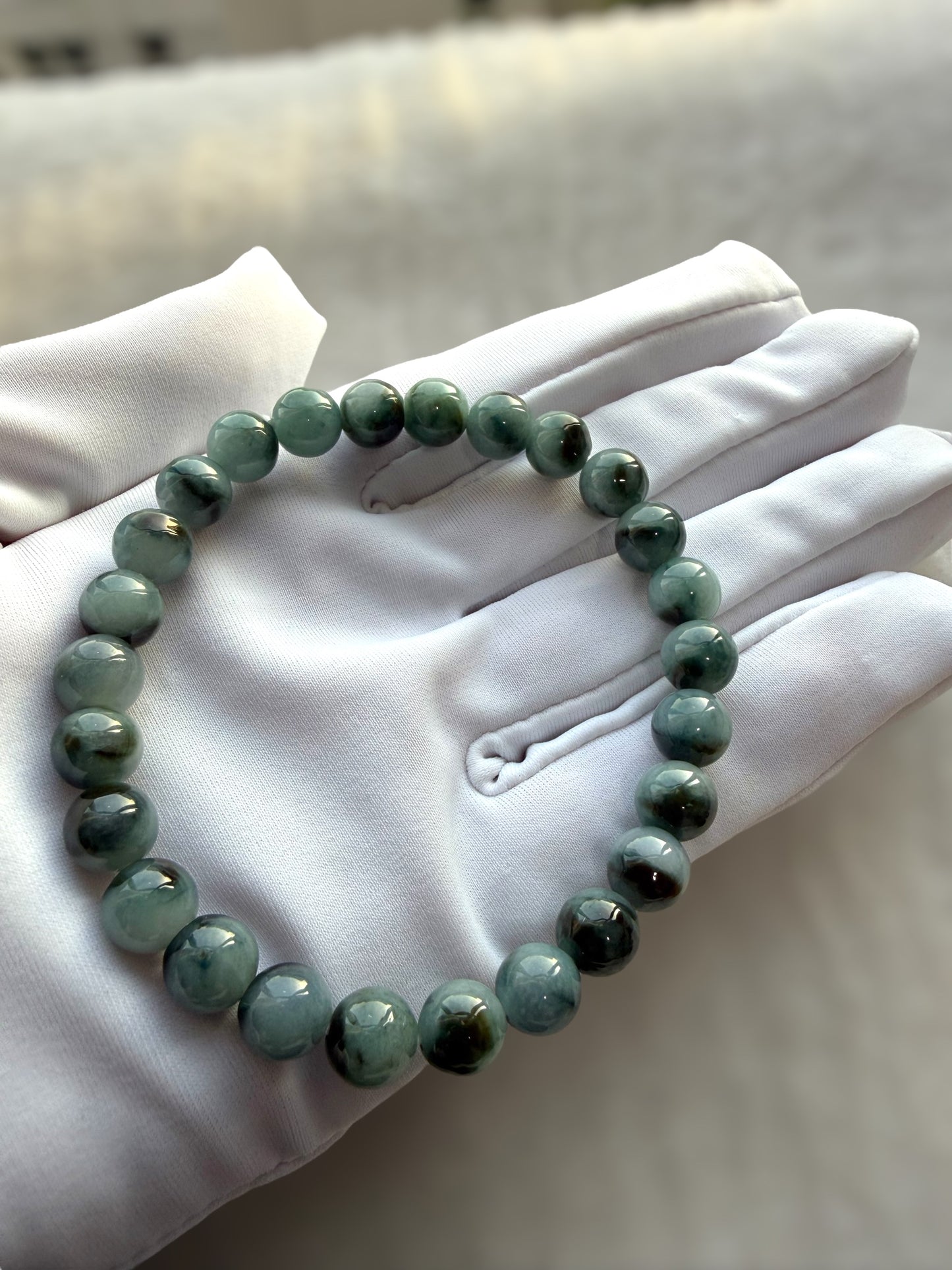 Dark Denim Blue Floating Flowers Jadeite Bead Bracelet