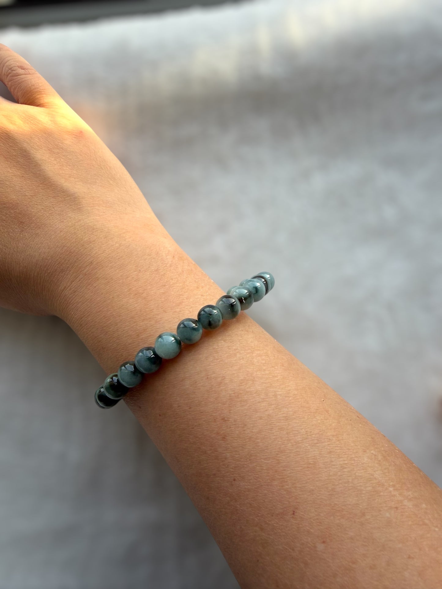 Dark Denim Blue Floating Flowers Jadeite Bead Bracelet