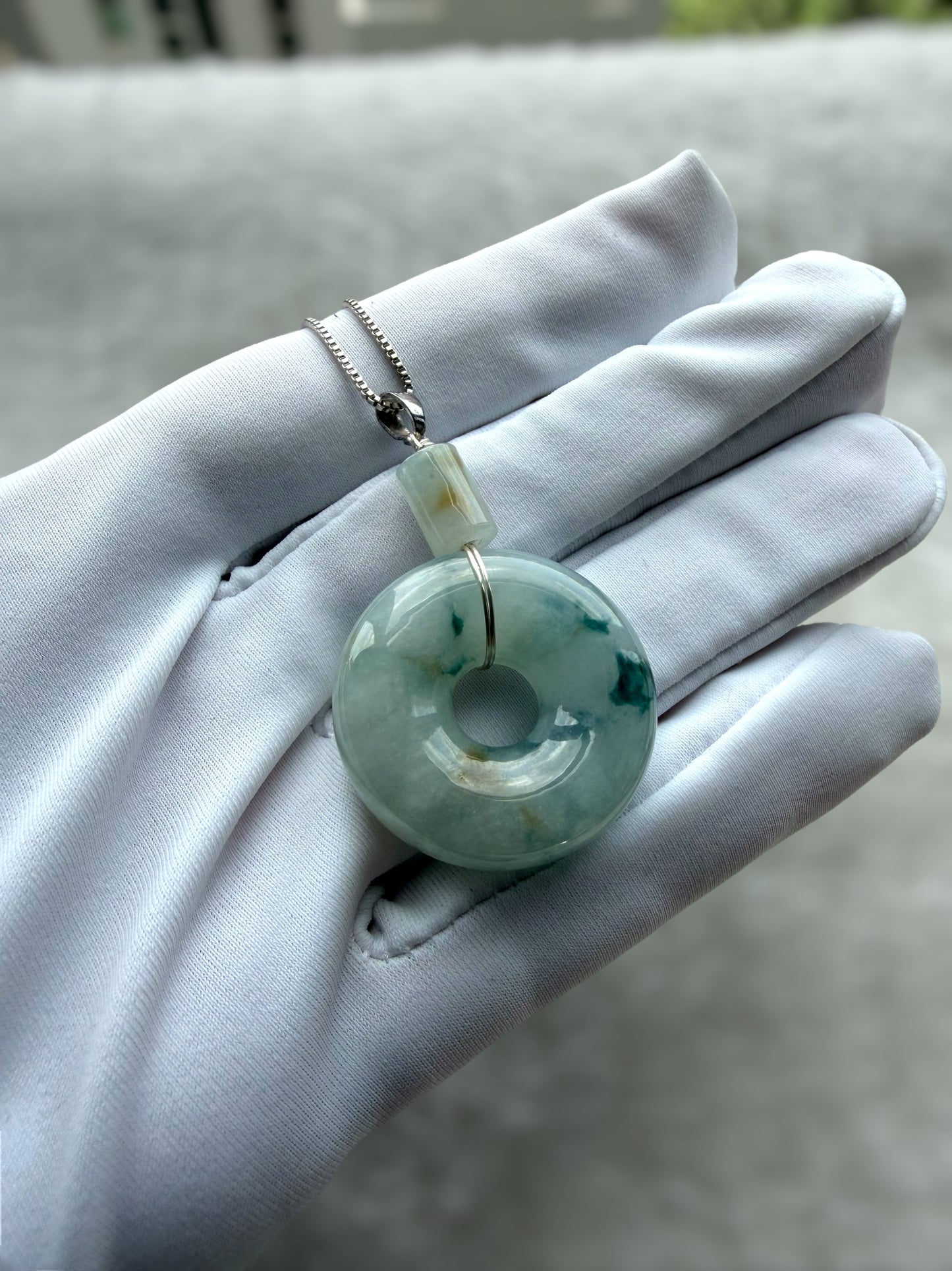 Blue Floating Flowers Donut Jadeite Necklace