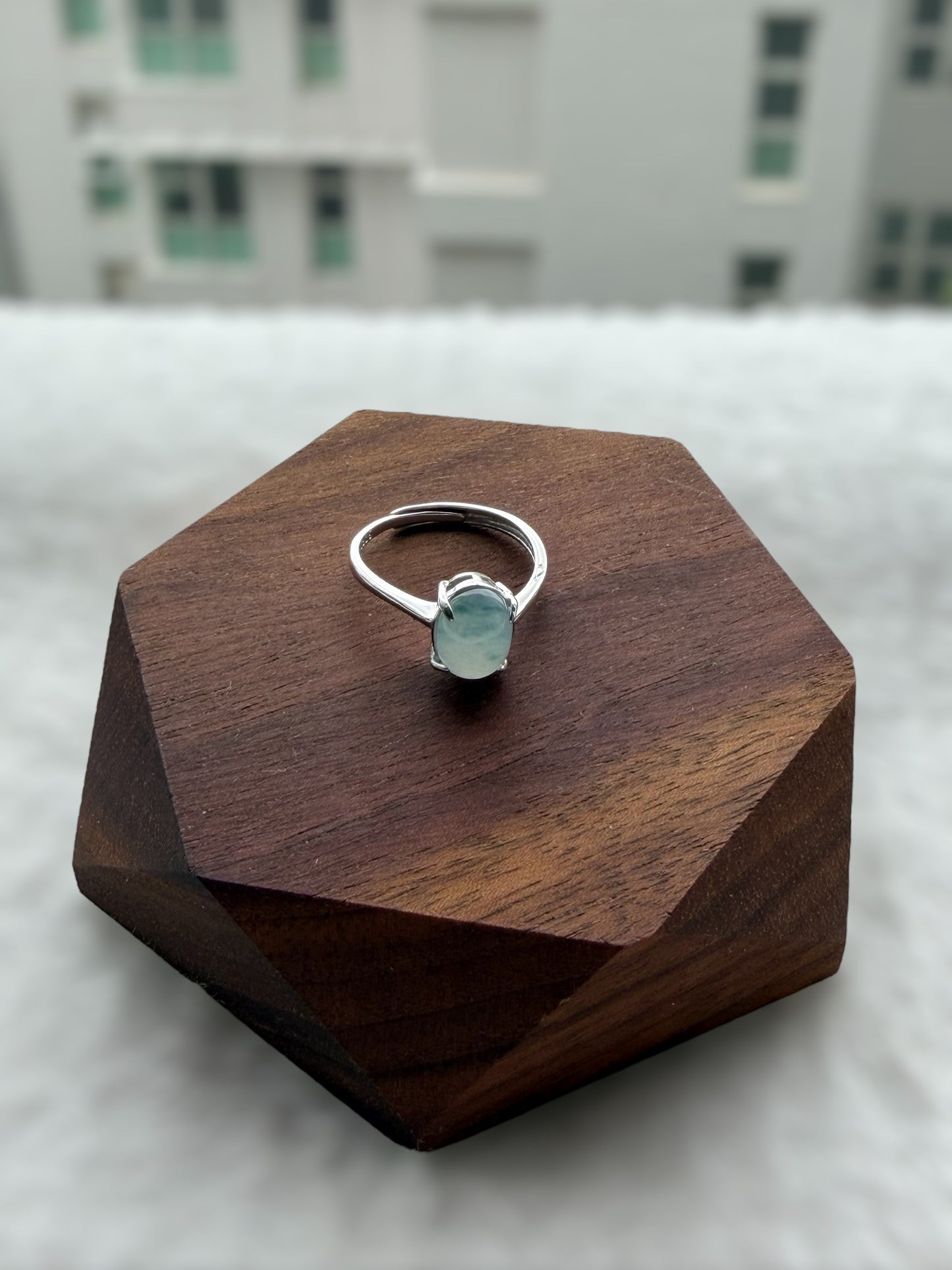 White Blue Floating Flowers Jadeite Ring