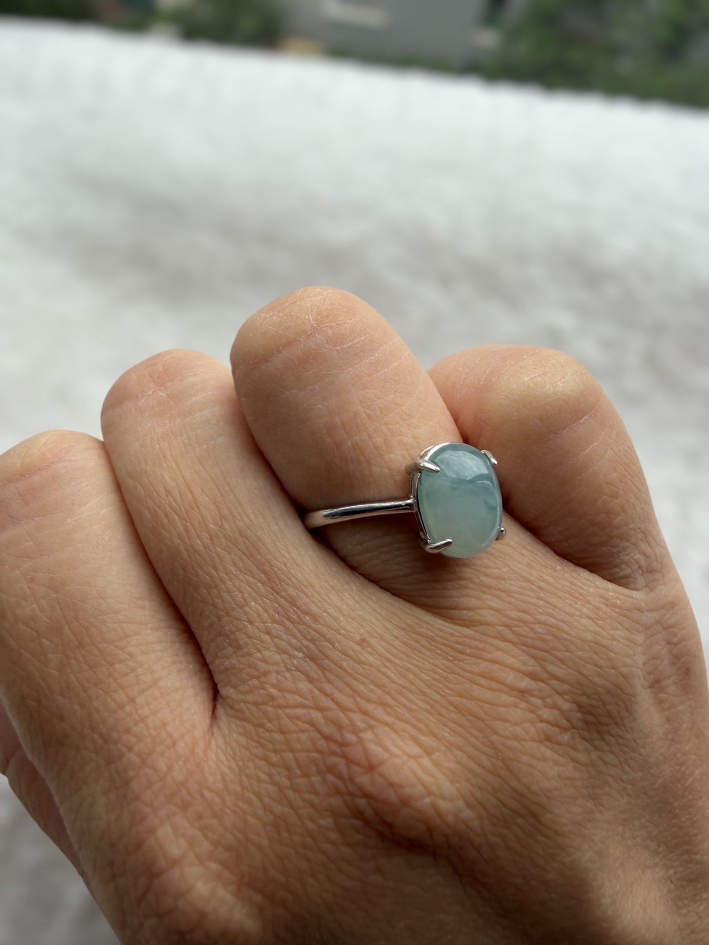 White Blue Floating Flowers Jadeite Ring