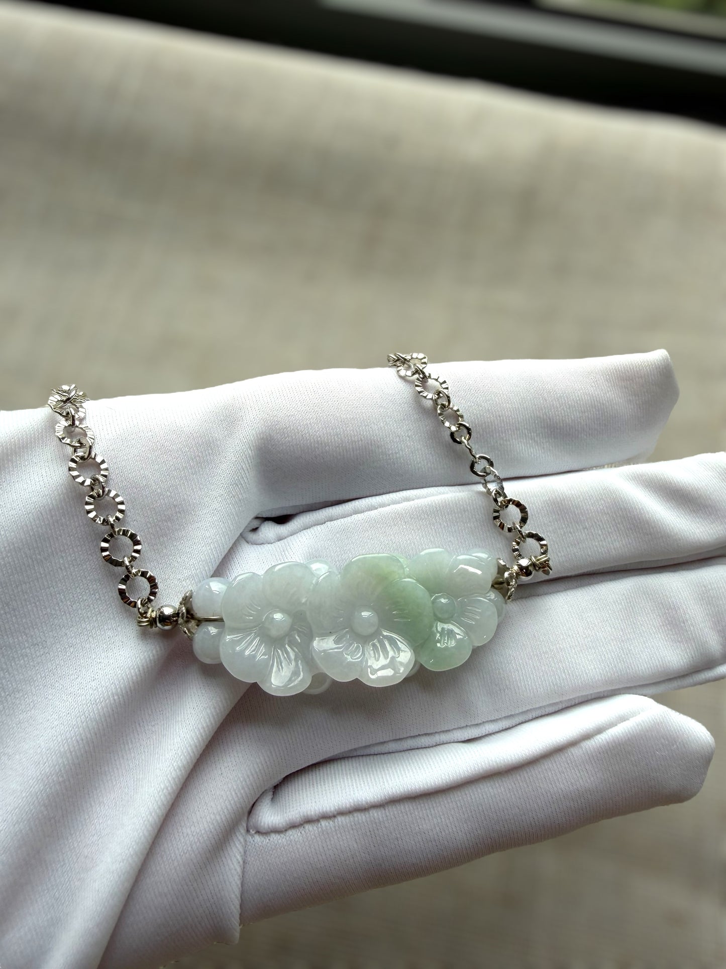 Trio Flower Feather Jadeite Necklace