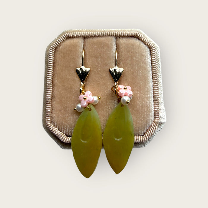 Yellow Jadeite Feather Pearl Earring Hooks