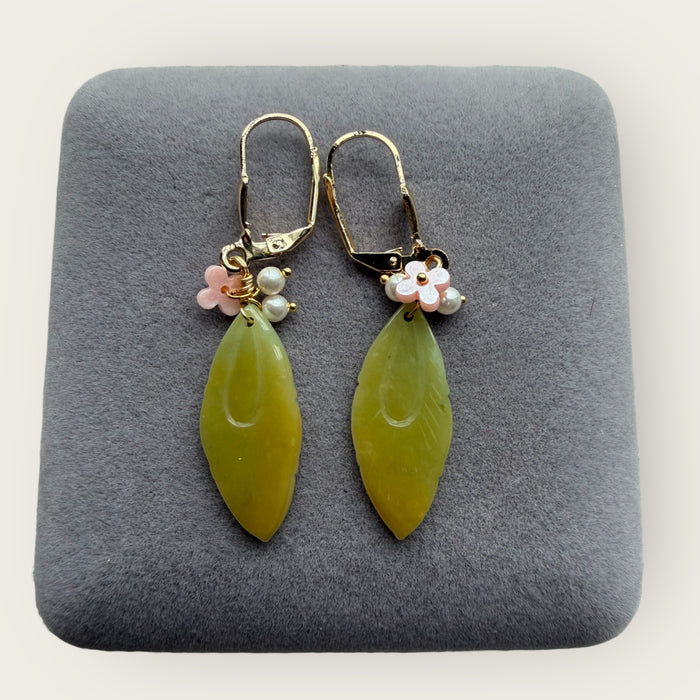 Yellow Jadeite Feather Pearl Earring Hooks