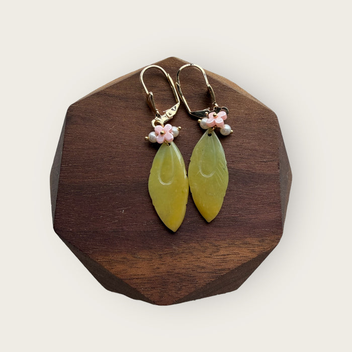 Yellow Jadeite Feather Pearl Earring Hooks