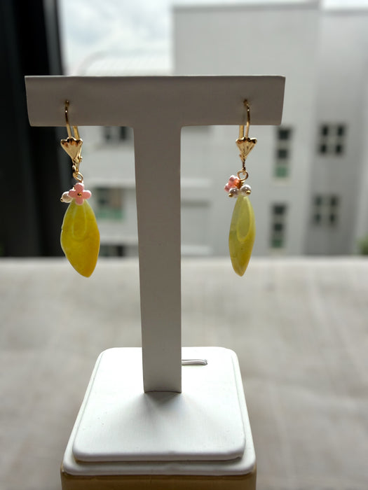 Yellow Jadeite Feather Pearl Earring Hooks