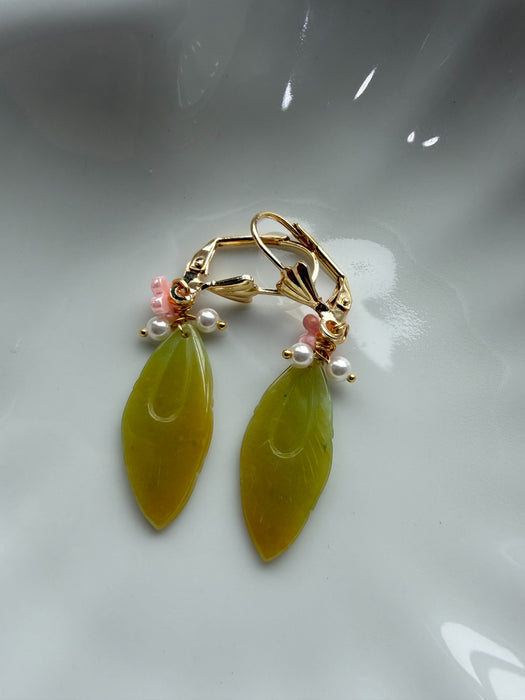 Yellow Jadeite Feather Pearl Earring Hooks